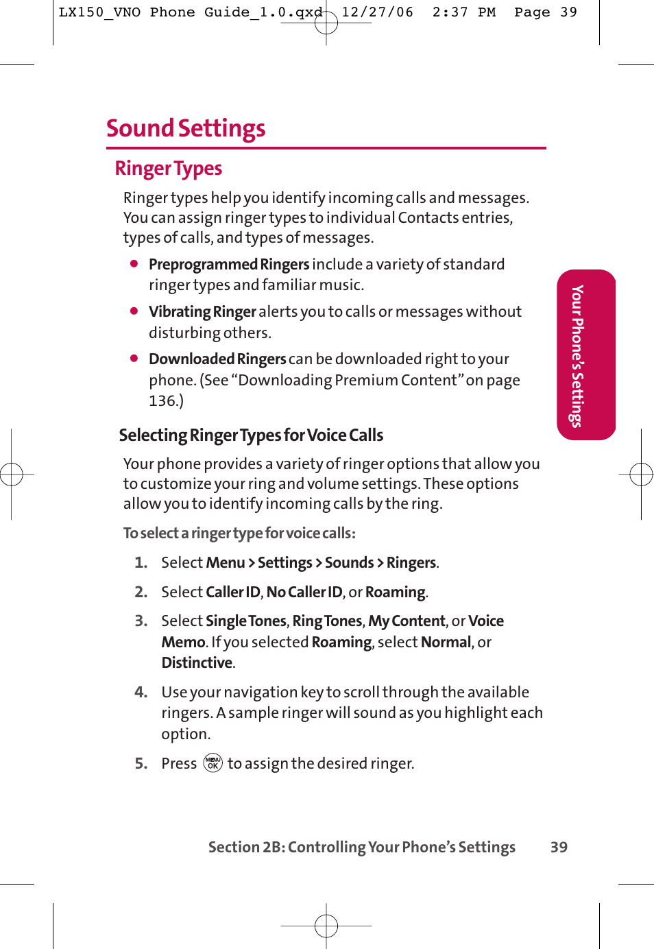 Sound settings, Ringer types | LG LG150 User Manual | Page 51 / 174