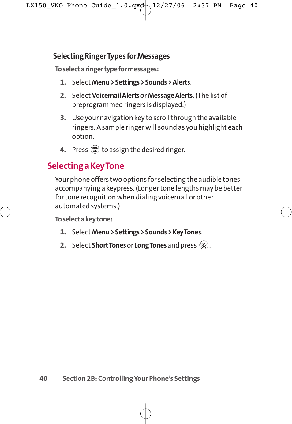 Selecting a key tone | LG LG150 User Manual | Page 52 / 174