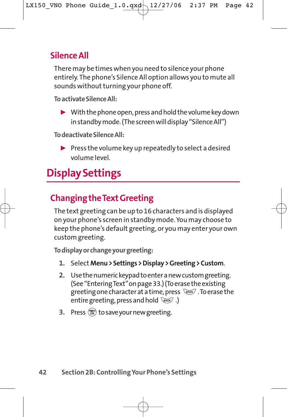 Display settings, Silence all, Changing the text greeting | LG LG150 User Manual | Page 54 / 174