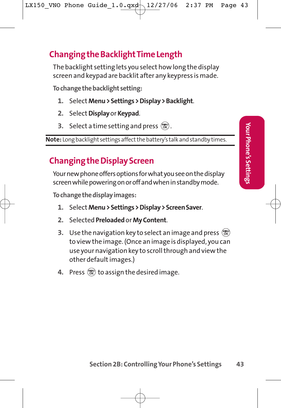 Changing the backlighttime length, Changing the display screen | LG LG150 User Manual | Page 55 / 174
