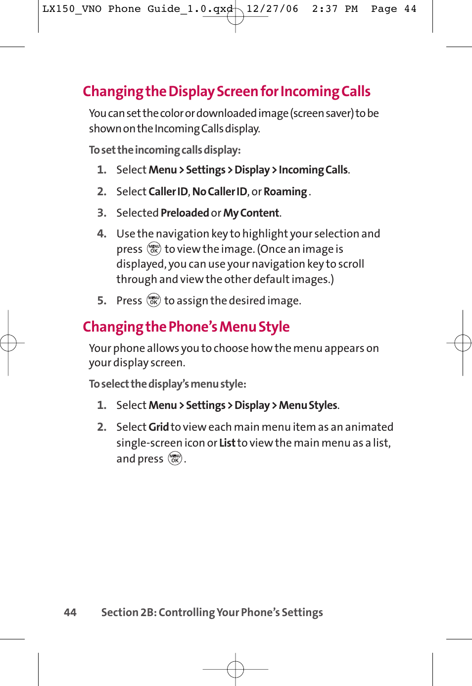 Changing the display screen for incoming calls, Changing the phone’s menu style | LG LG150 User Manual | Page 56 / 174