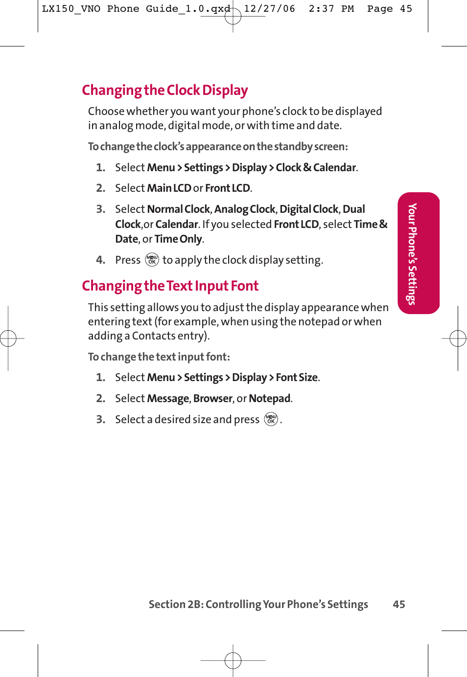 Changing the clock display, Changing the text input font | LG LG150 User Manual | Page 57 / 174