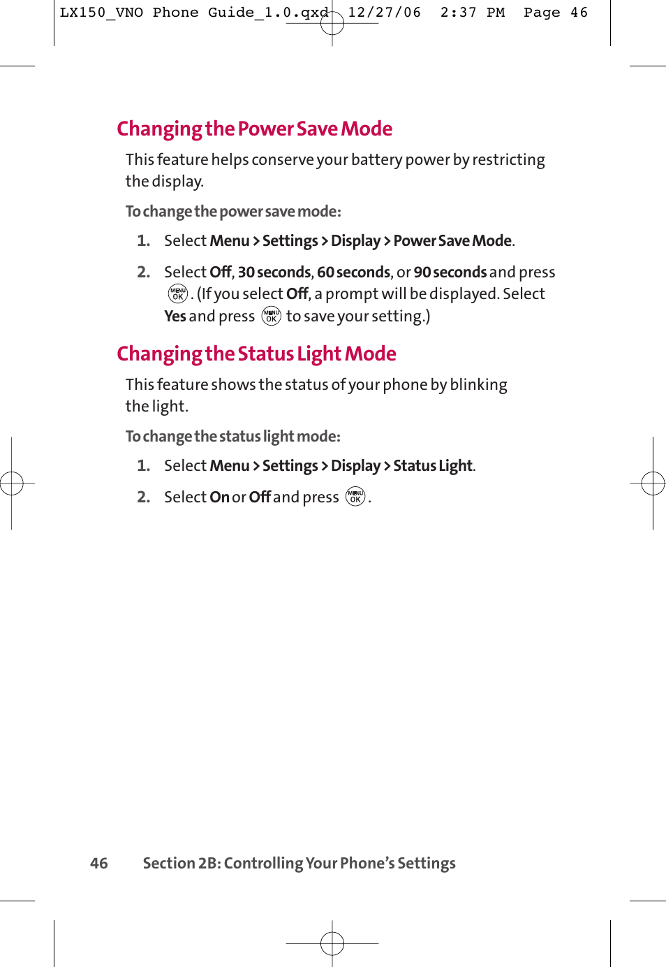 Changing the power save mode, Changing the status light mode | LG LG150 User Manual | Page 58 / 174