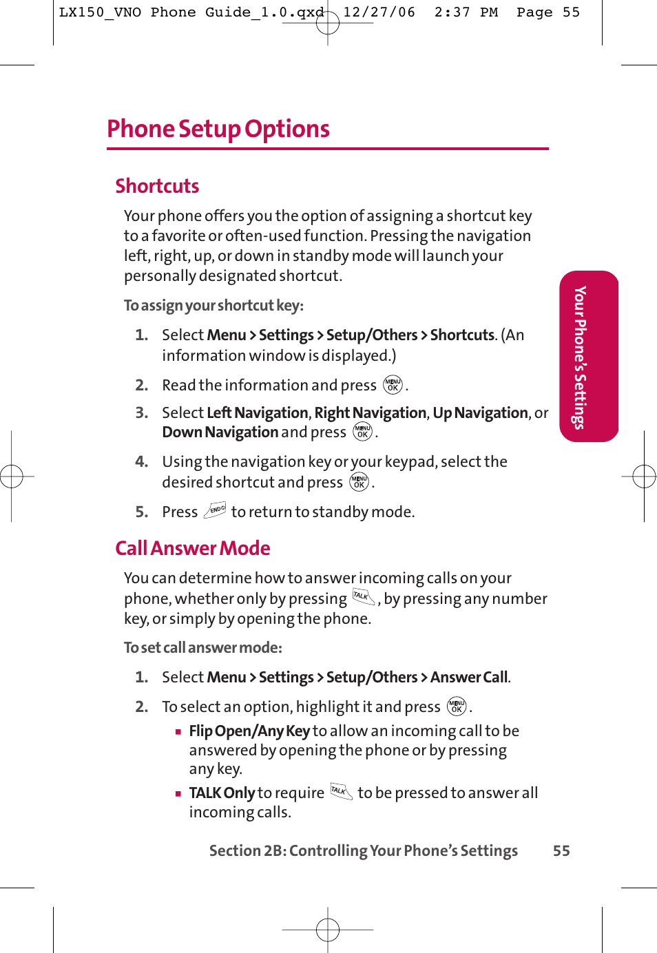 Phone setup options, Shortcuts, Call answer mode | LG LG150 User Manual | Page 67 / 174