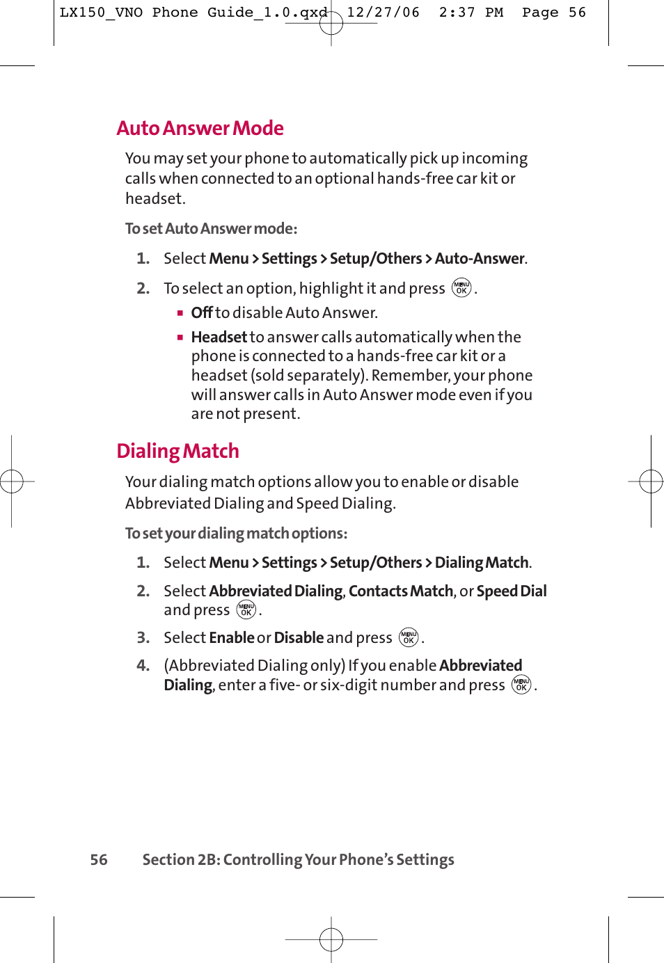 Auto answer mode, Dialing match | LG LG150 User Manual | Page 68 / 174