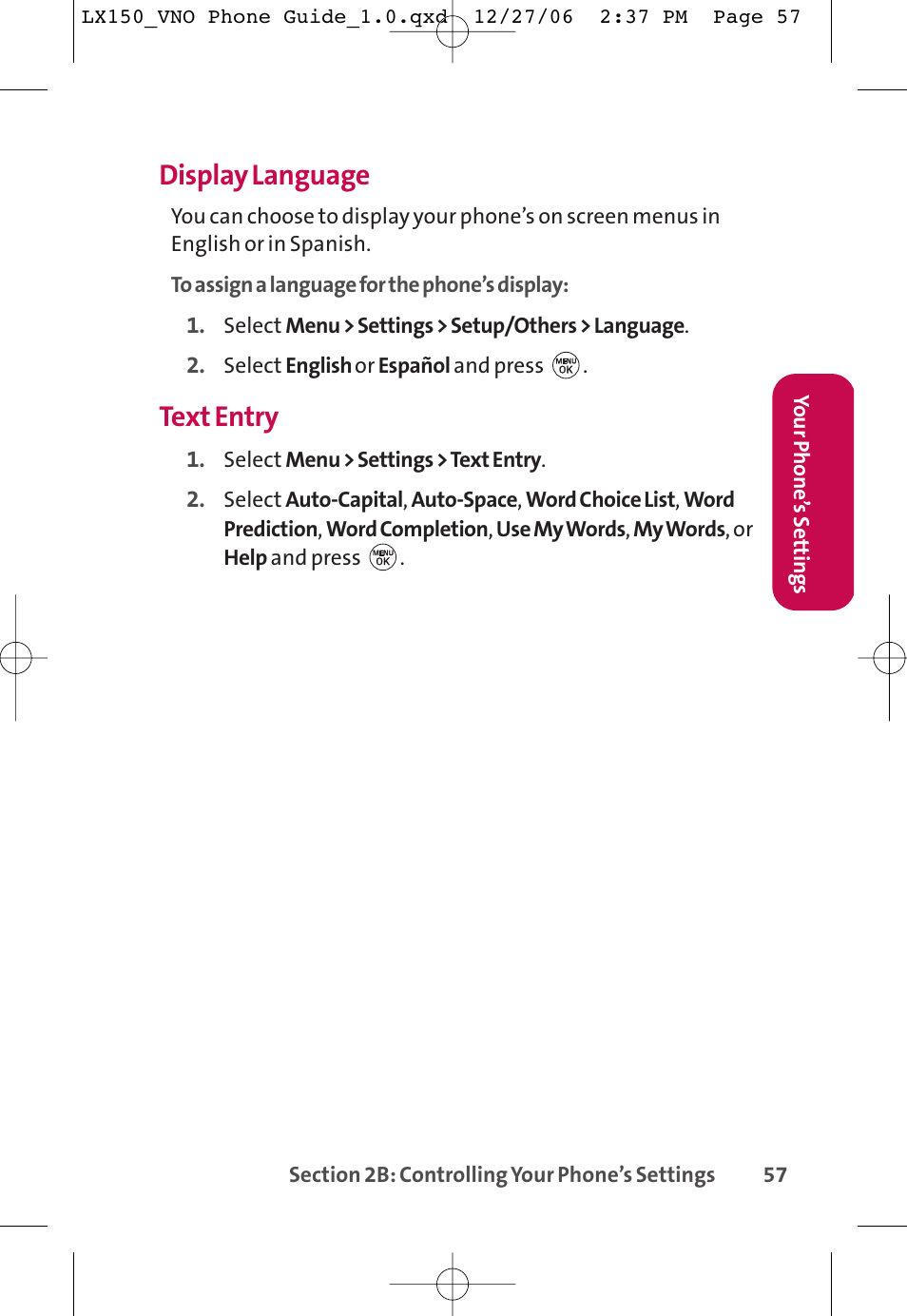 Display language, Text entry | LG LG150 User Manual | Page 69 / 174