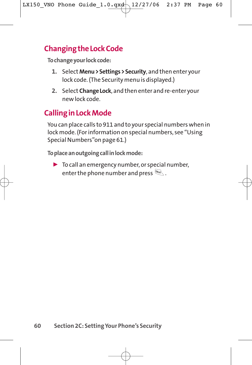 Changing the lock code, Calling in lock mode | LG LG150 User Manual | Page 72 / 174