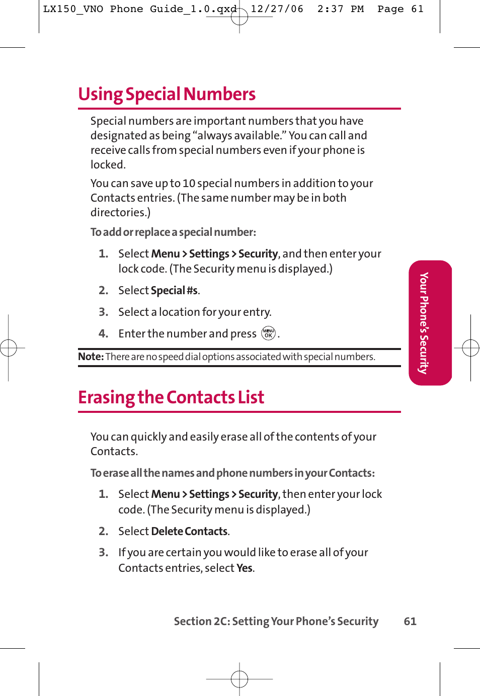 Using special numbers, Erasing the contacts list | LG LG150 User Manual | Page 73 / 174