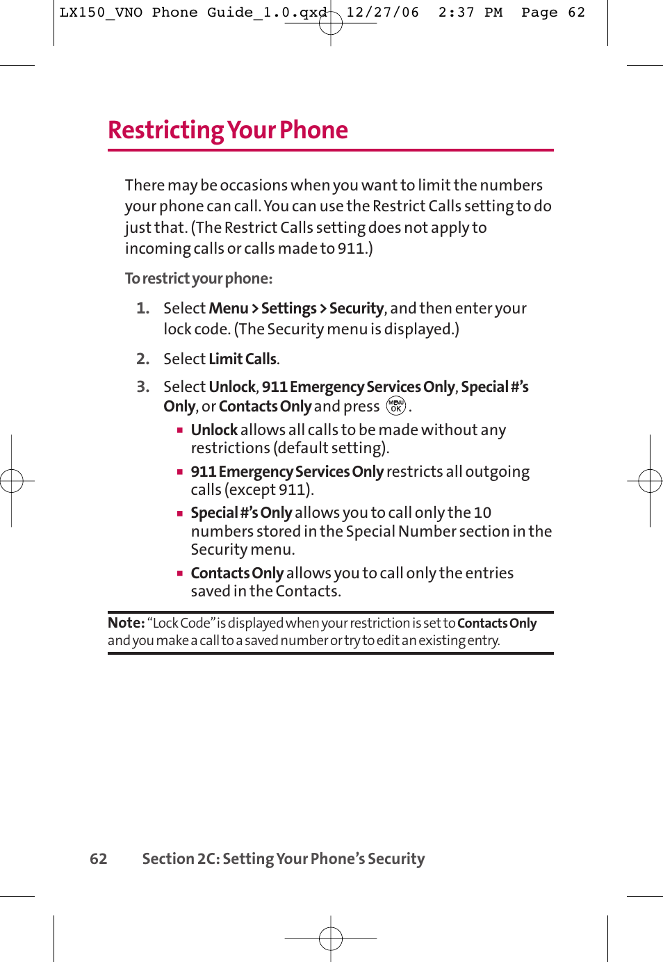 Restricting your phone | LG LG150 User Manual | Page 74 / 174