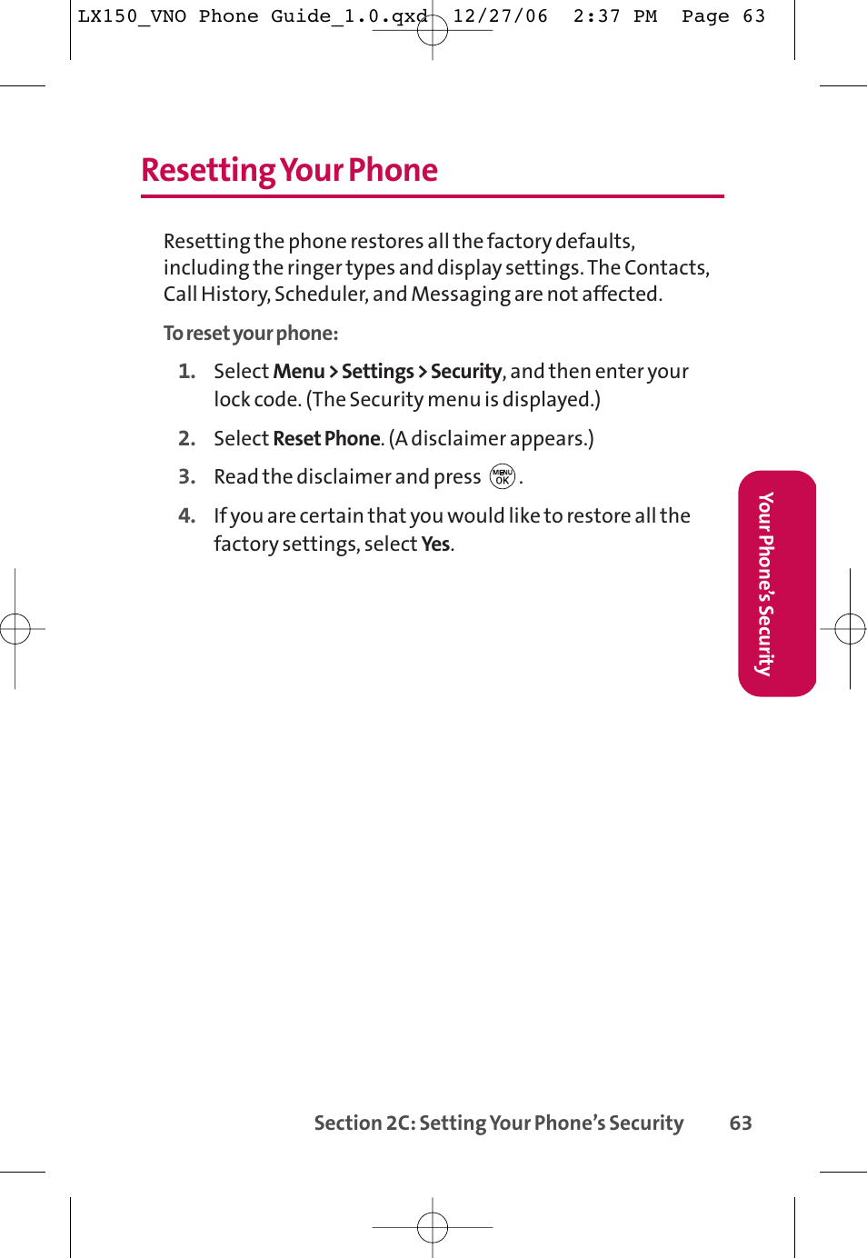 Resetting your phone | LG LG150 User Manual | Page 75 / 174