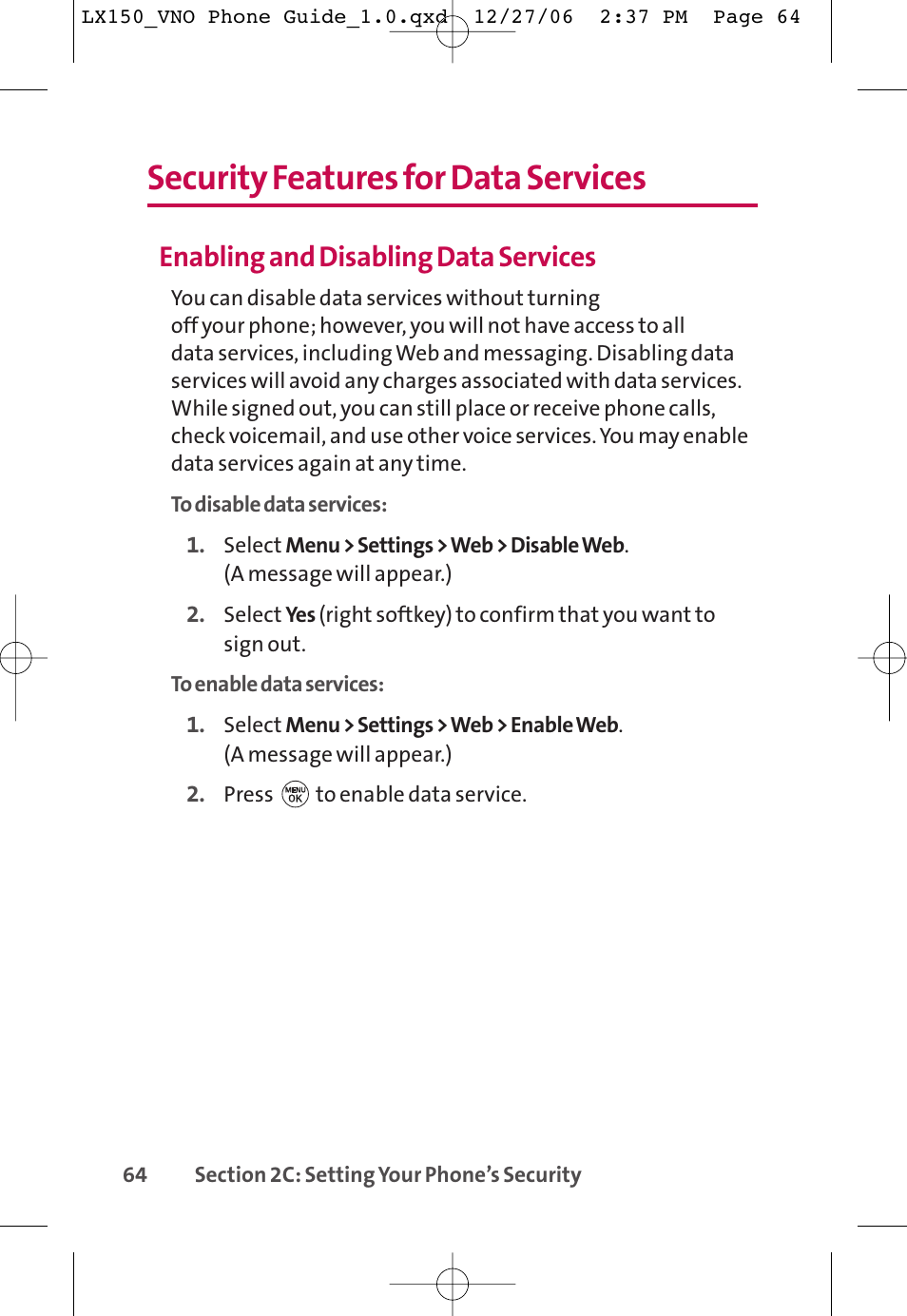 Security features for data services, Enabling and disabling data services | LG LG150 User Manual | Page 76 / 174