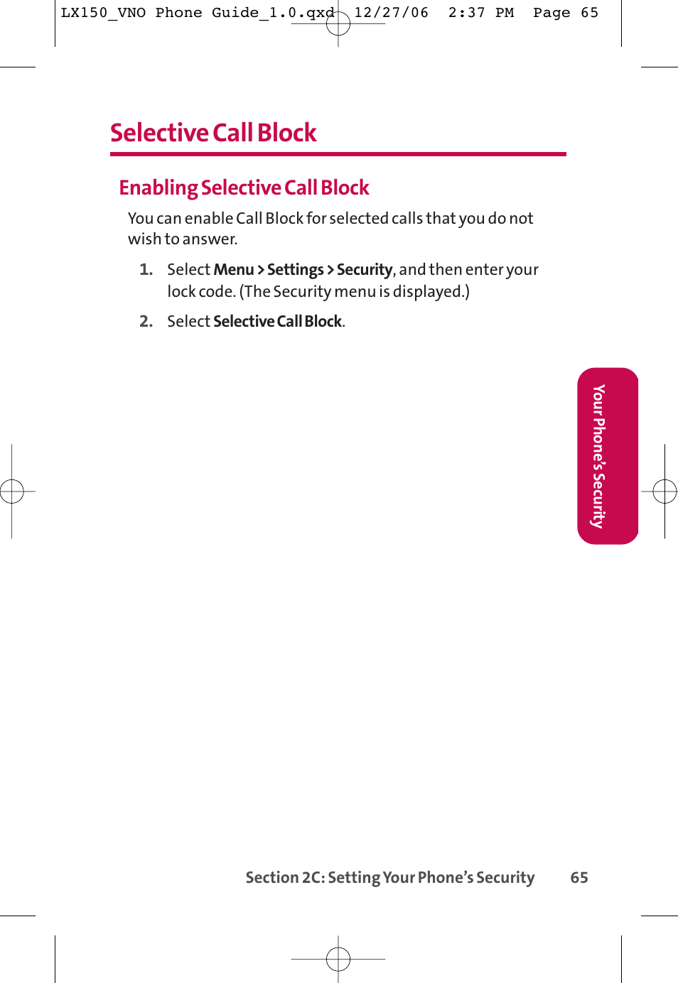 Selective call block, Enabling selective call block | LG LG150 User Manual | Page 77 / 174