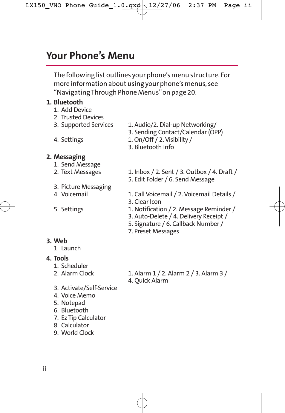 Your phone’s menu | LG LG150 User Manual | Page 8 / 174