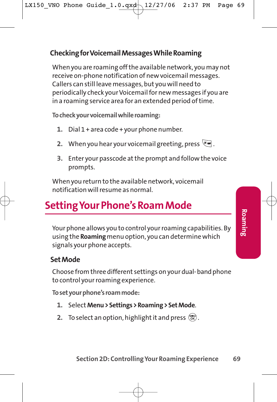 Settingyour phone’s roam mode | LG LG150 User Manual | Page 81 / 174