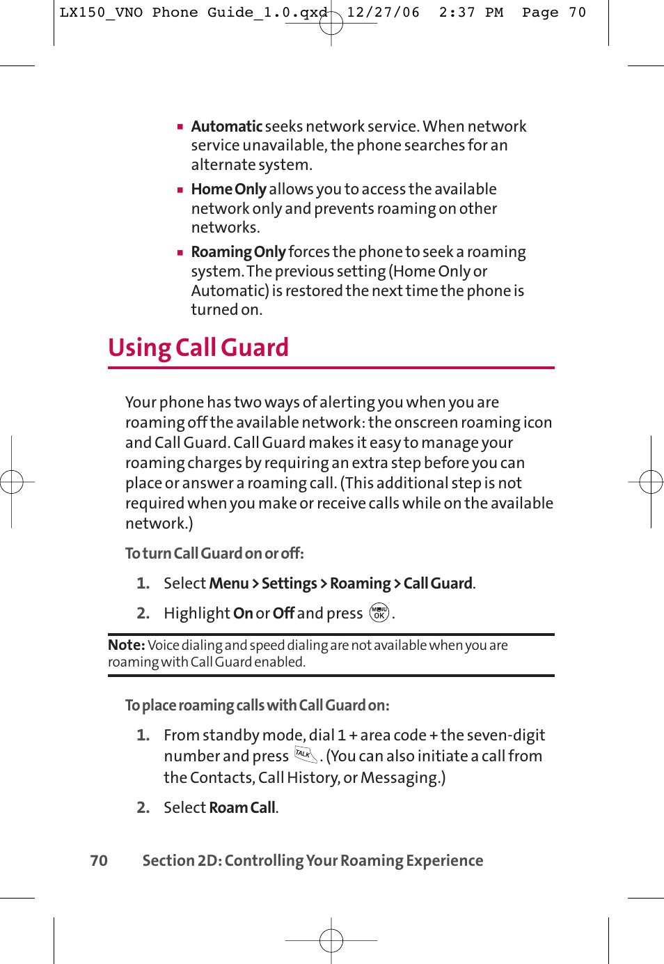 Using call guard | LG LG150 User Manual | Page 82 / 174