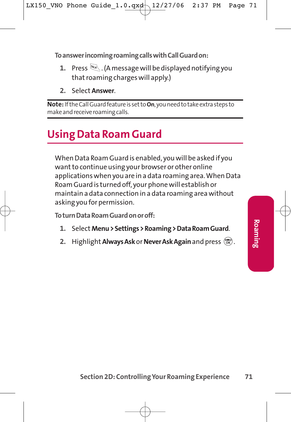 Using data roam guard | LG LG150 User Manual | Page 83 / 174