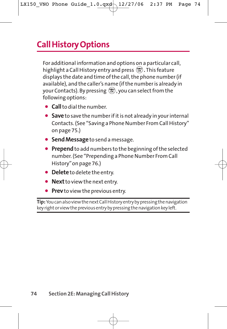 Call history options, Call, Save | Send message, Prepend, Delete, Next, Prev | LG LG150 User Manual | Page 86 / 174