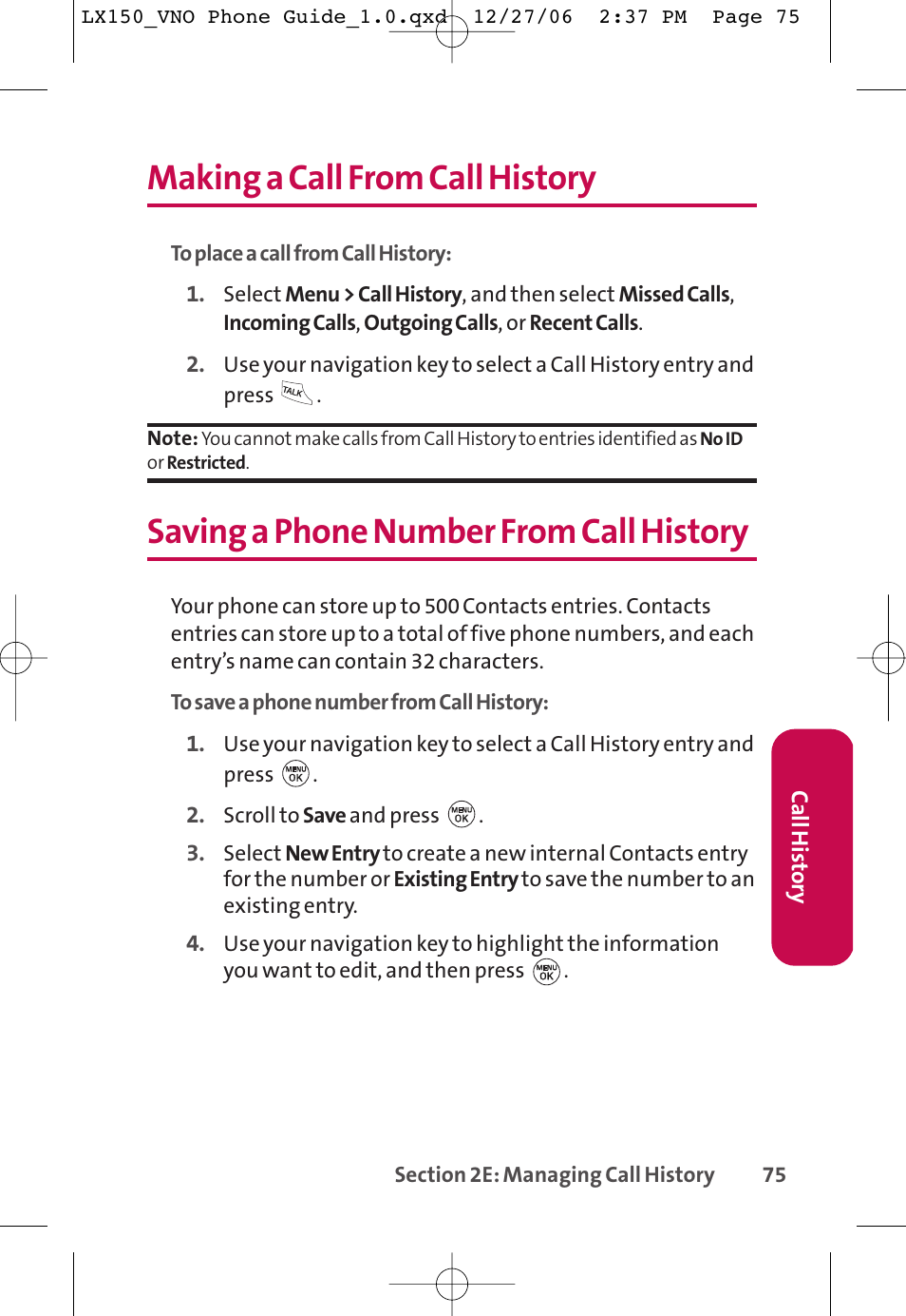 Making a call from call history, Saving a phone number from call history | LG LG150 User Manual | Page 87 / 174