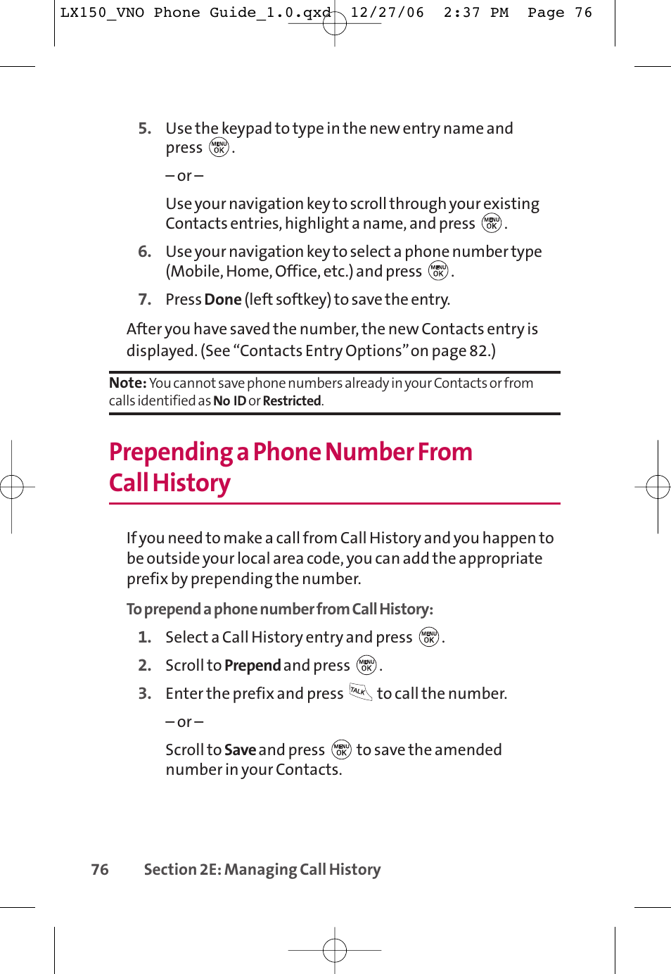 Prepending a phone number from call history | LG LG150 User Manual | Page 88 / 174