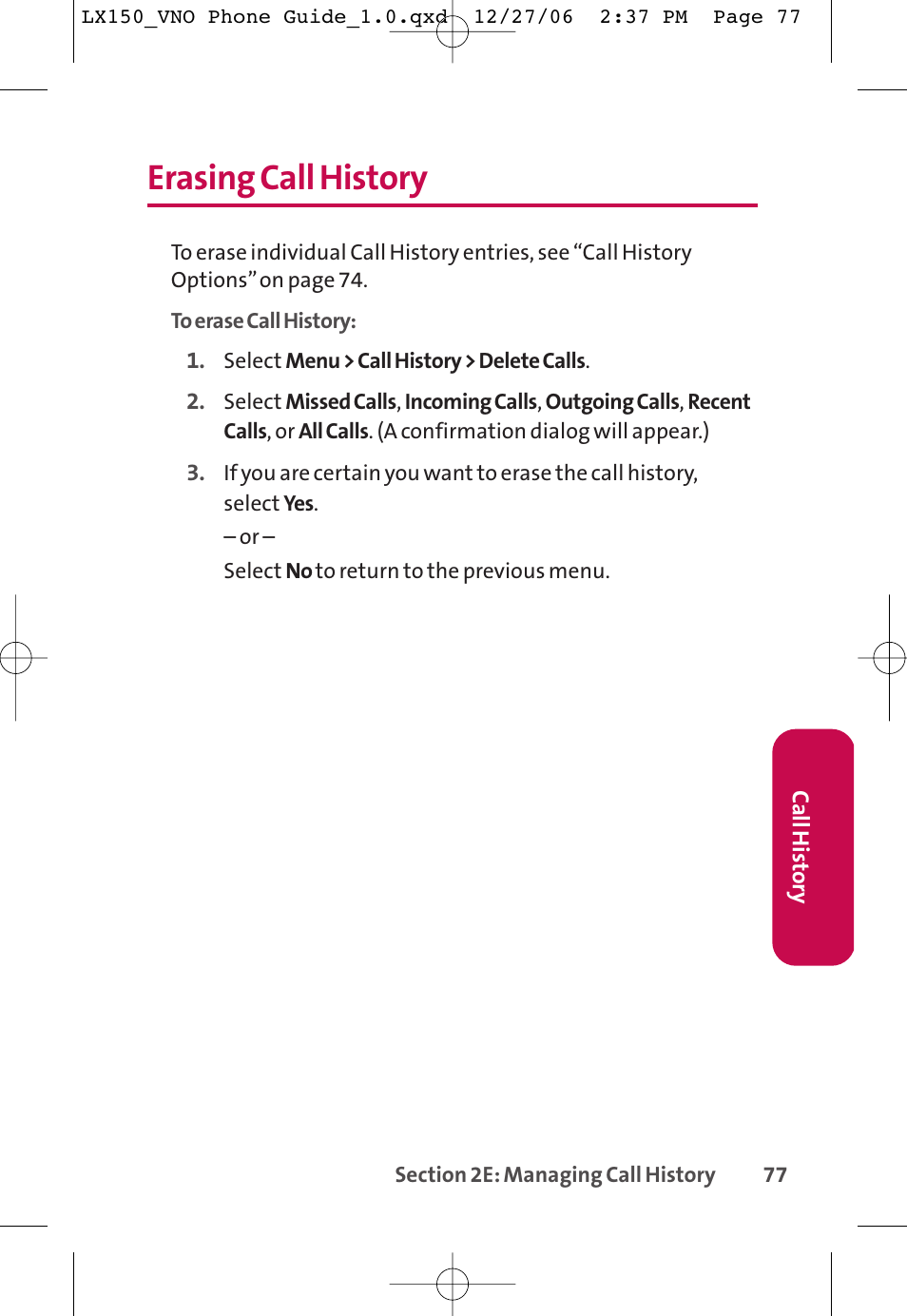 Erasing call history | LG LG150 User Manual | Page 89 / 174