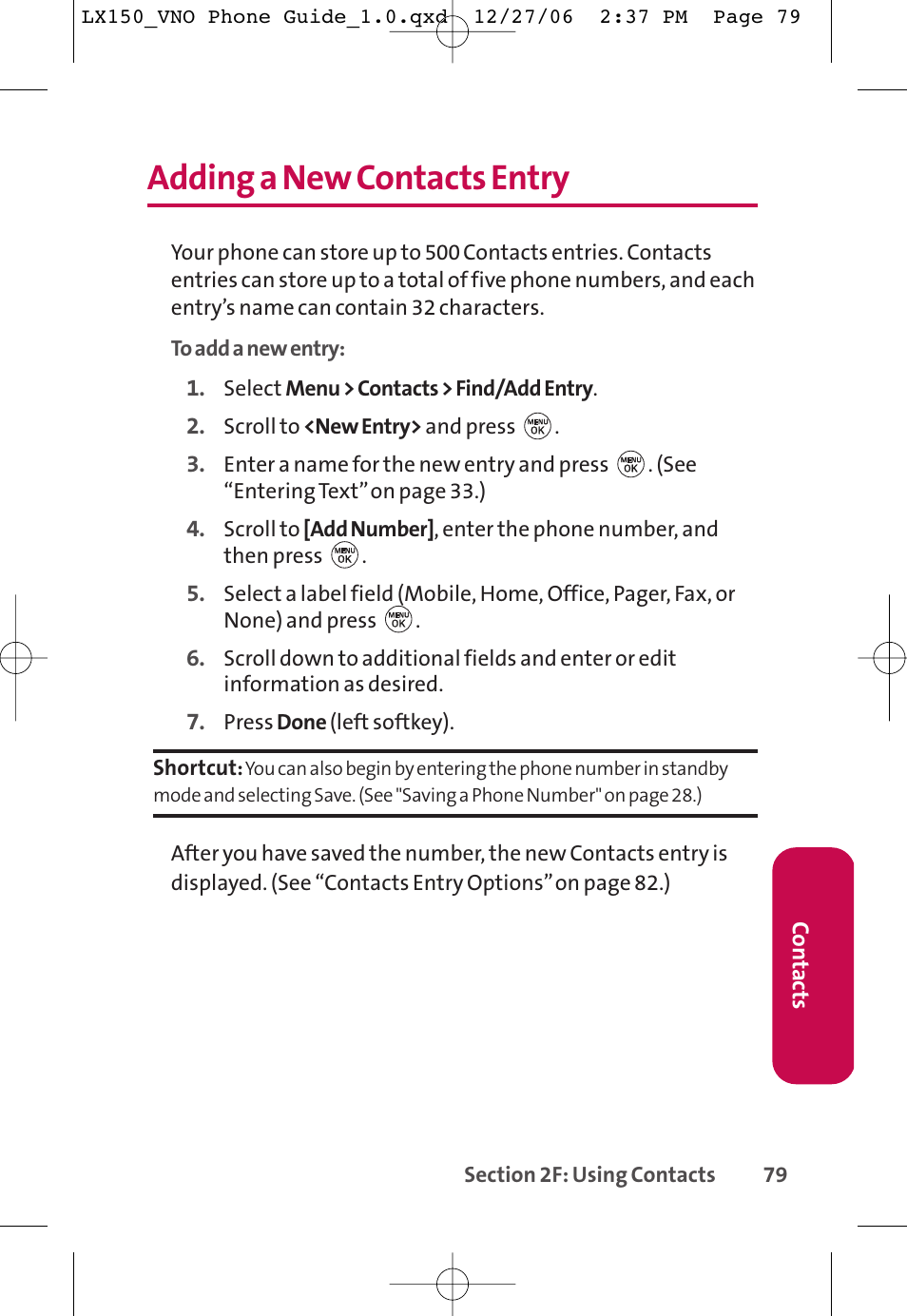 Adding a new contacts entry | LG LG150 User Manual | Page 91 / 174