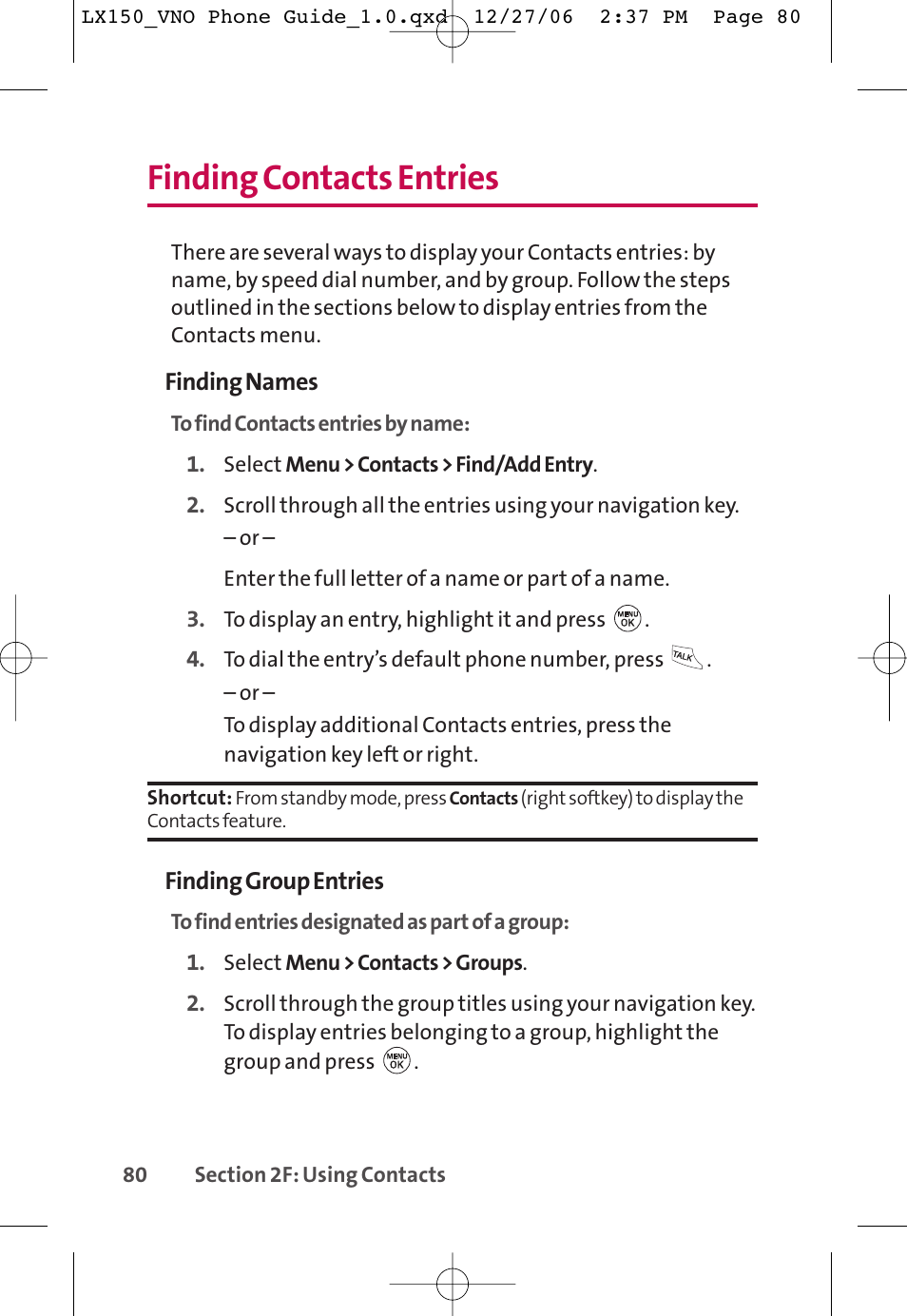 Finding contacts entries | LG LG150 User Manual | Page 92 / 174