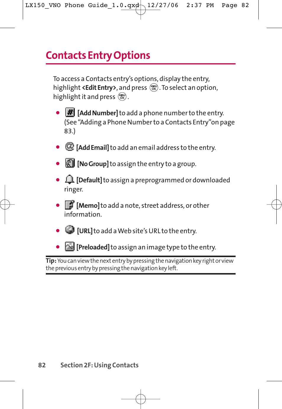 Contacts entry options | LG LG150 User Manual | Page 94 / 174