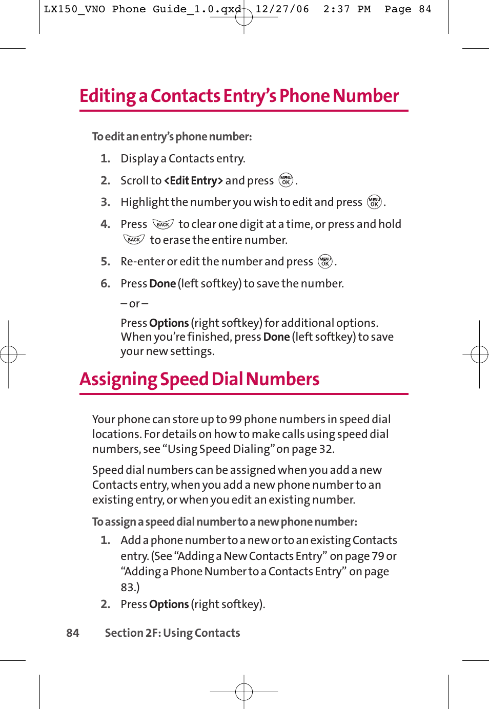 Editing a contacts entry’s phone number, Assigning speed dial numbers | LG LG150 User Manual | Page 96 / 174