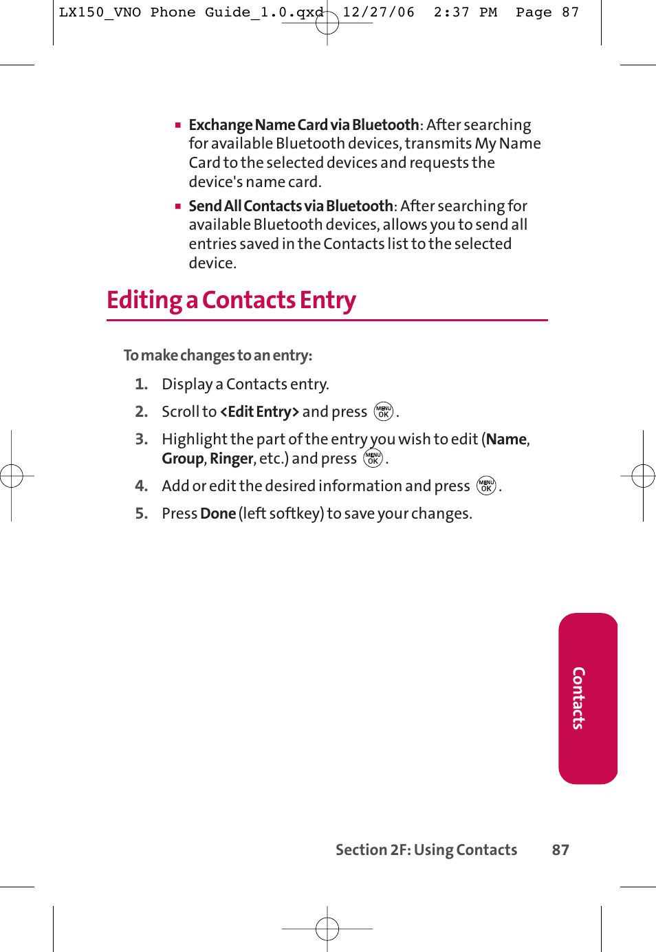 Editing a contacts entry | LG LG150 User Manual | Page 99 / 174