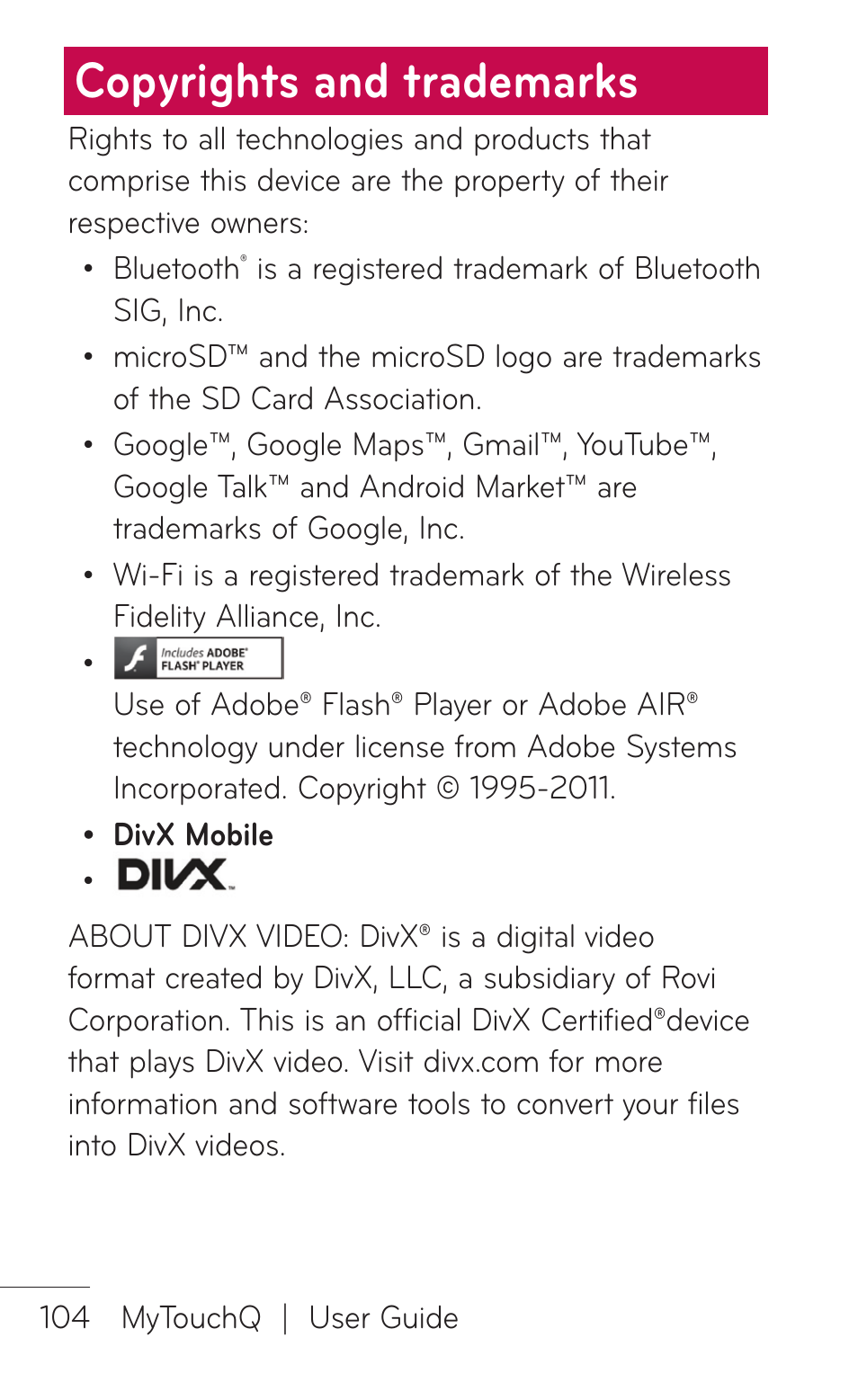 Copyrights and trademarks | LG LGC800VL User Manual | Page 104 / 342