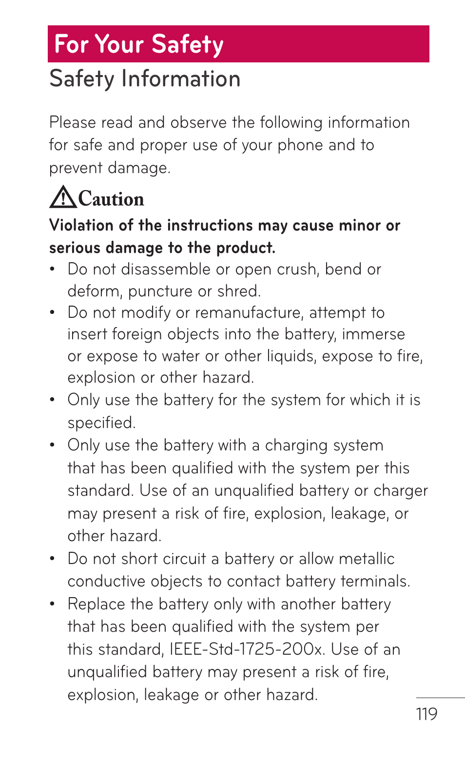 For your safety, Safety information | LG LGC800VL User Manual | Page 119 / 342