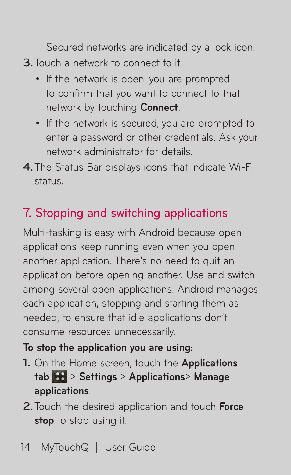 Stopping and switching applications | LG LGC800VL User Manual | Page 14 / 342