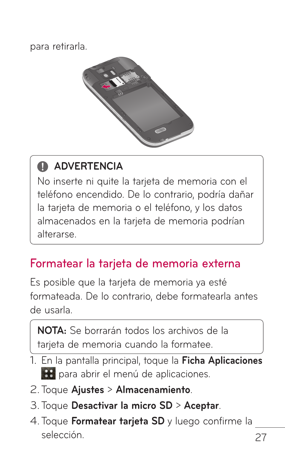 Formatear la tarjeta de memoria externa | LG LGC800VL User Manual | Page 189 / 342