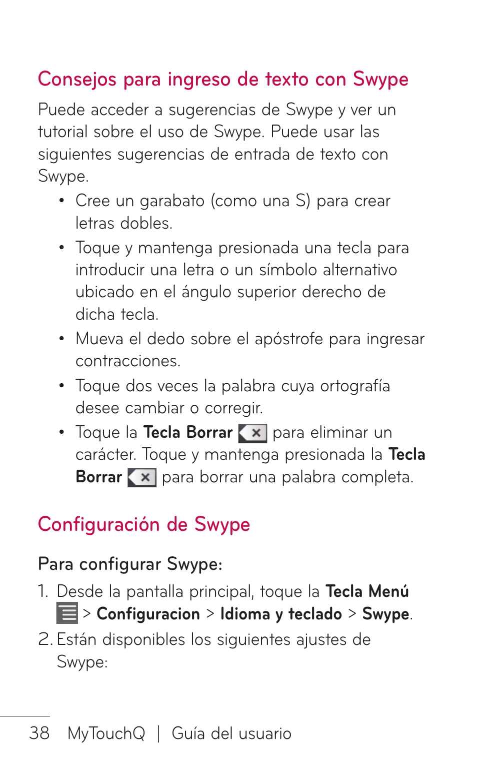 Consejos para ingreso de texto con swype, Configuración de swype | LG LGC800VL User Manual | Page 200 / 342