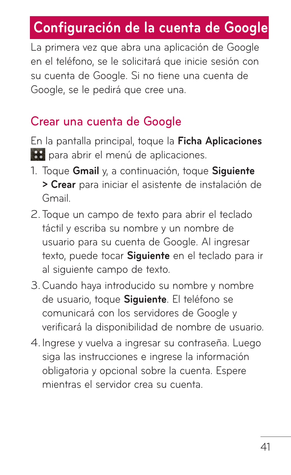 Configuración de la cuenta de google, Crear una cuenta de google | LG LGC800VL User Manual | Page 203 / 342