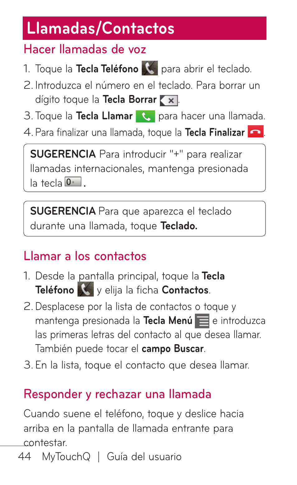 Llamadas/contactos, Hacer llamadas de voz, Llamar a los contactos | Responder y rechazar una llamada | LG LGC800VL User Manual | Page 206 / 342