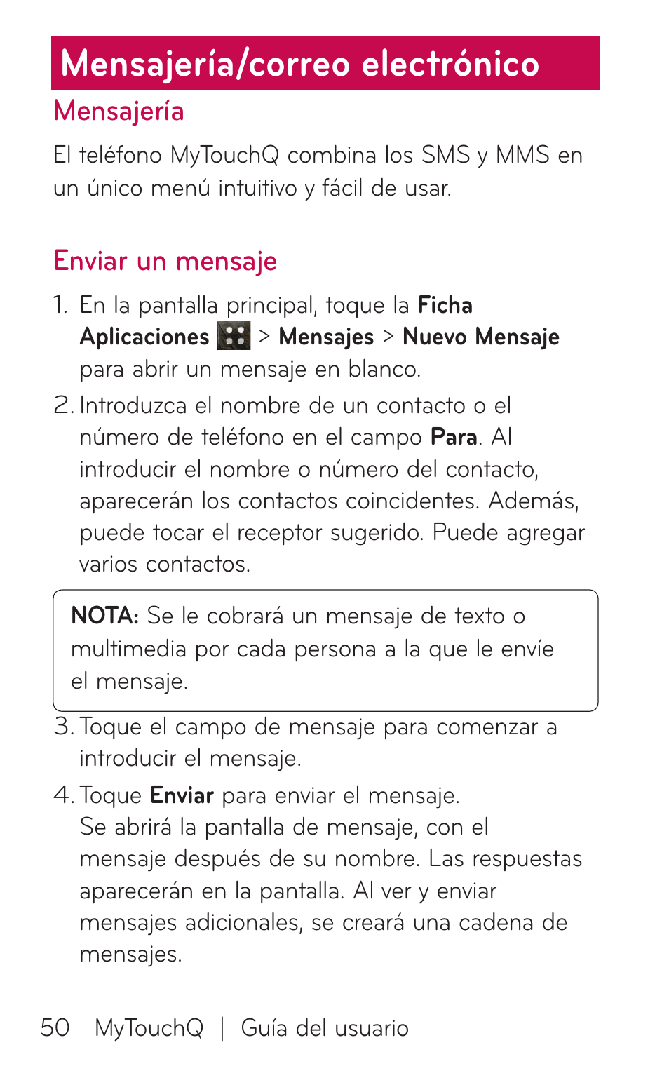 Mensajería/correo electrónico, Mensajería, Enviar un mensaje | LG LGC800VL User Manual | Page 212 / 342