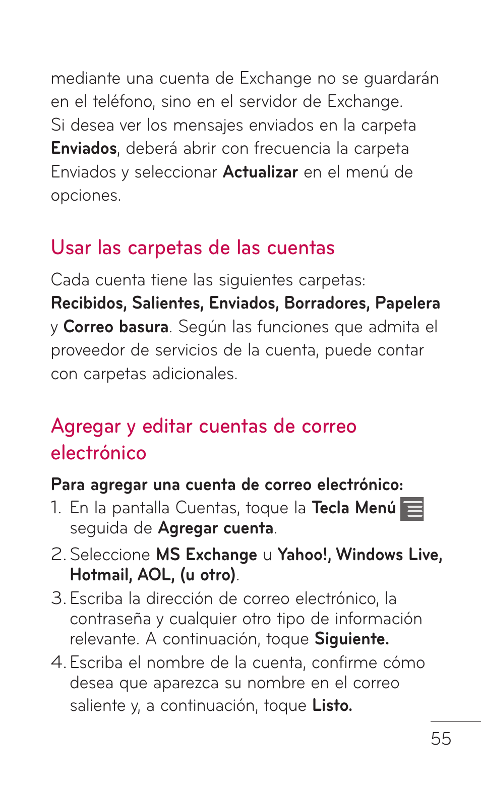 Usar las carpetas de las cuentas, Agregar y editar cuentas de correo electrónico | LG LGC800VL User Manual | Page 217 / 342