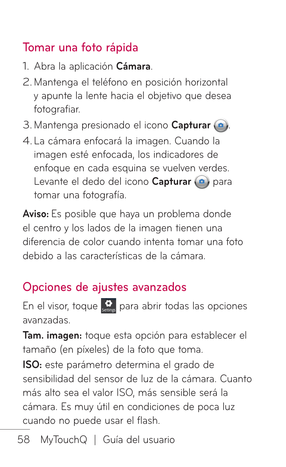 Tomar una foto rápida, Opciones de ajustes avanzados | LG LGC800VL User Manual | Page 220 / 342