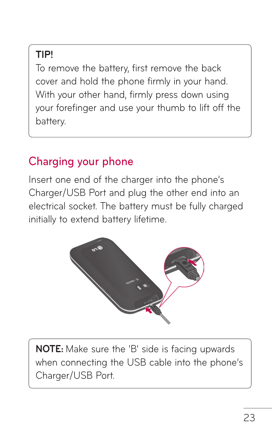 Charging your phone | LG LGC800VL User Manual | Page 23 / 342