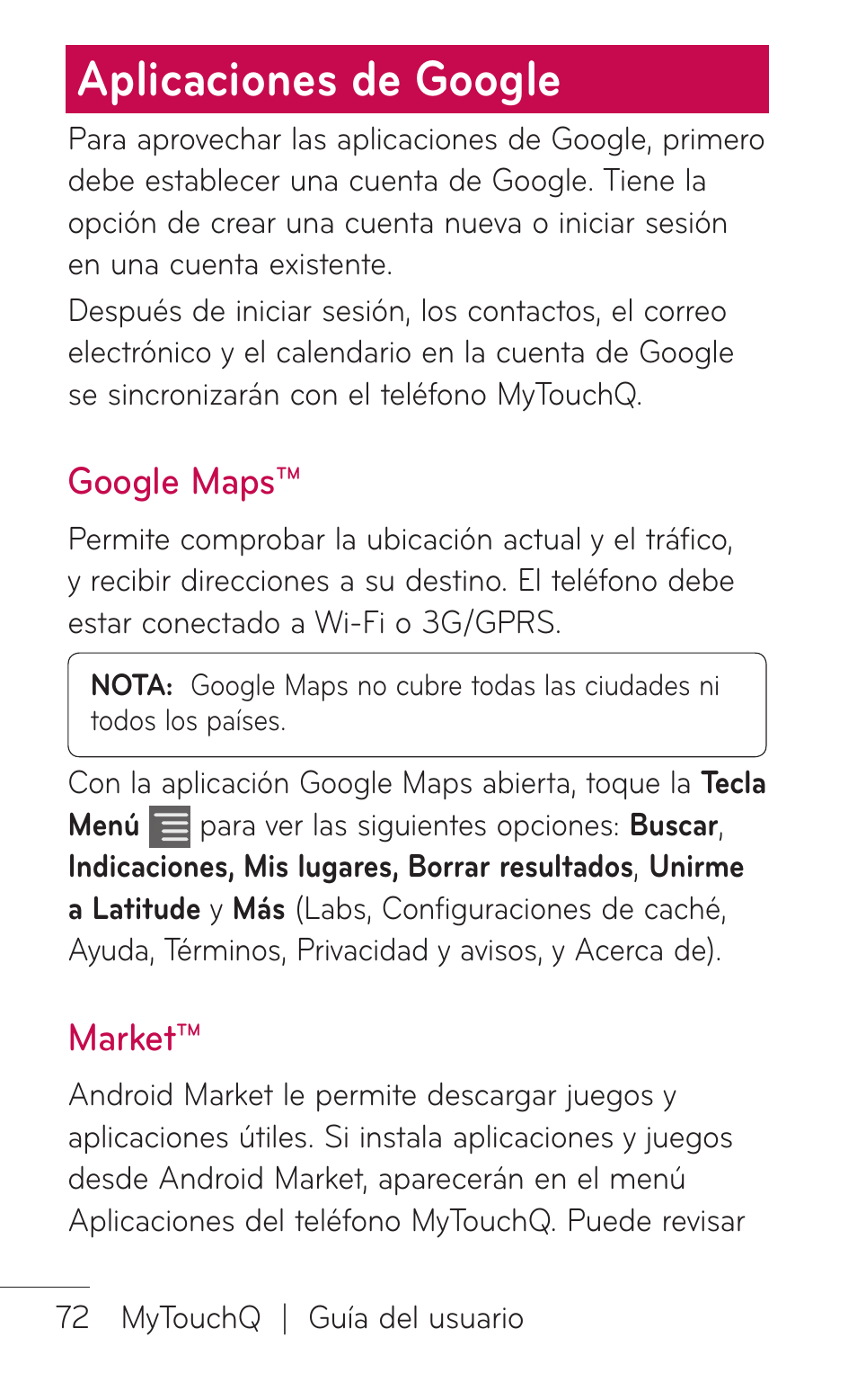 Aplicaciones de google, Google maps, Market | LG LGC800VL User Manual | Page 234 / 342