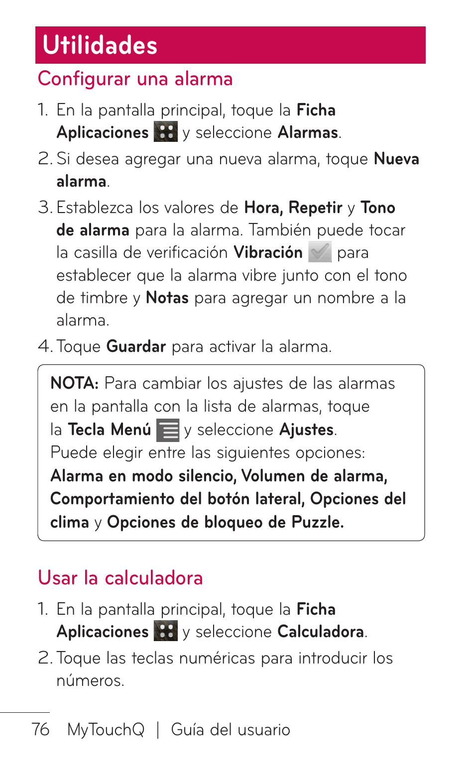 Utilidades, Configurar una alarma, Usar la calculadora | LG LGC800VL User Manual | Page 238 / 342