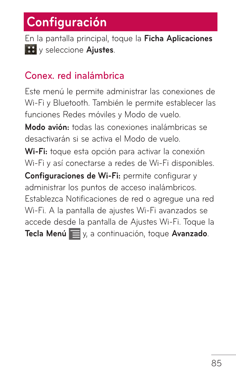 Configuración, Conex. red inalámbrica | LG LGC800VL User Manual | Page 247 / 342