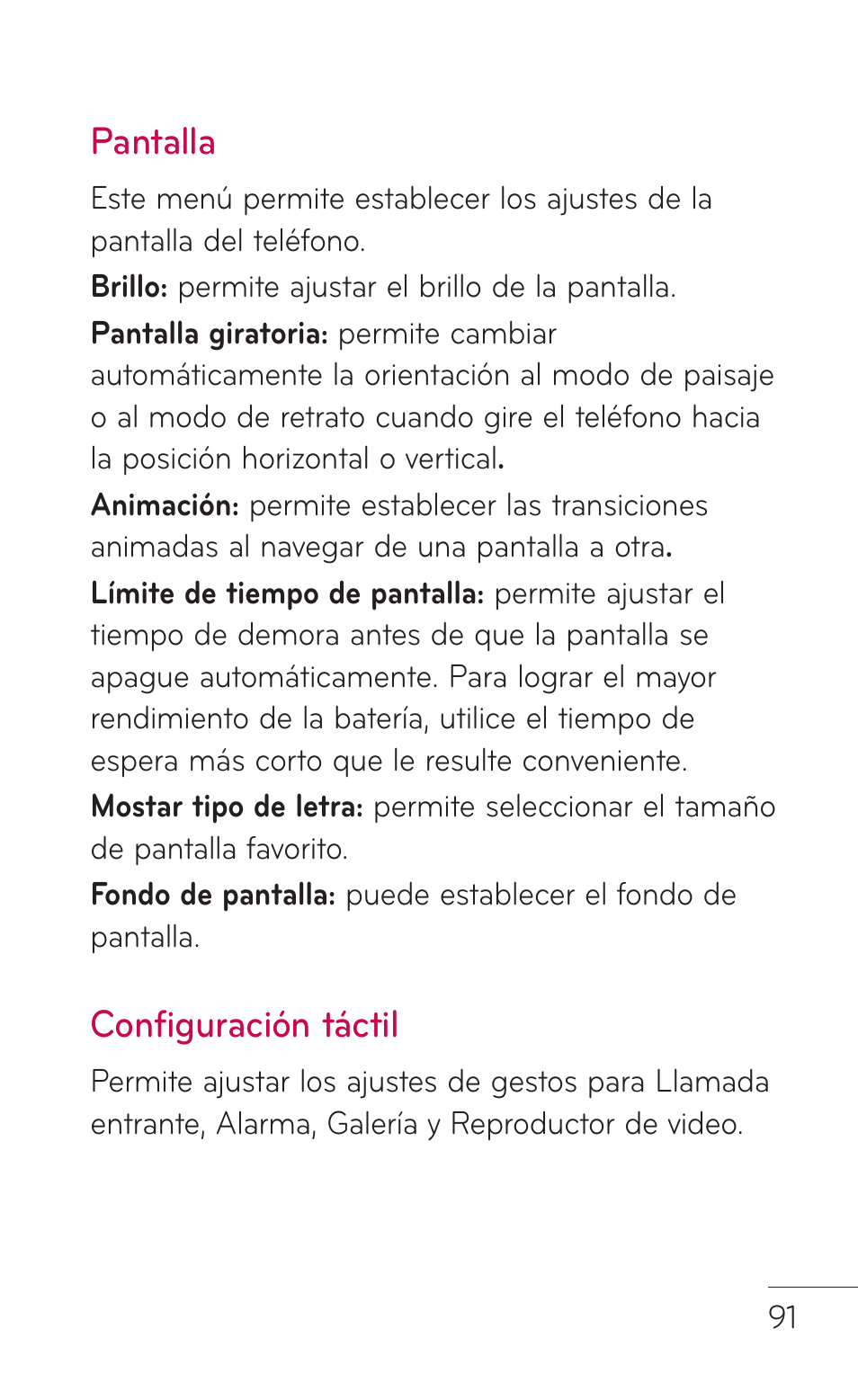 Pantalla, Configuración táctil | LG LGC800VL User Manual | Page 253 / 342
