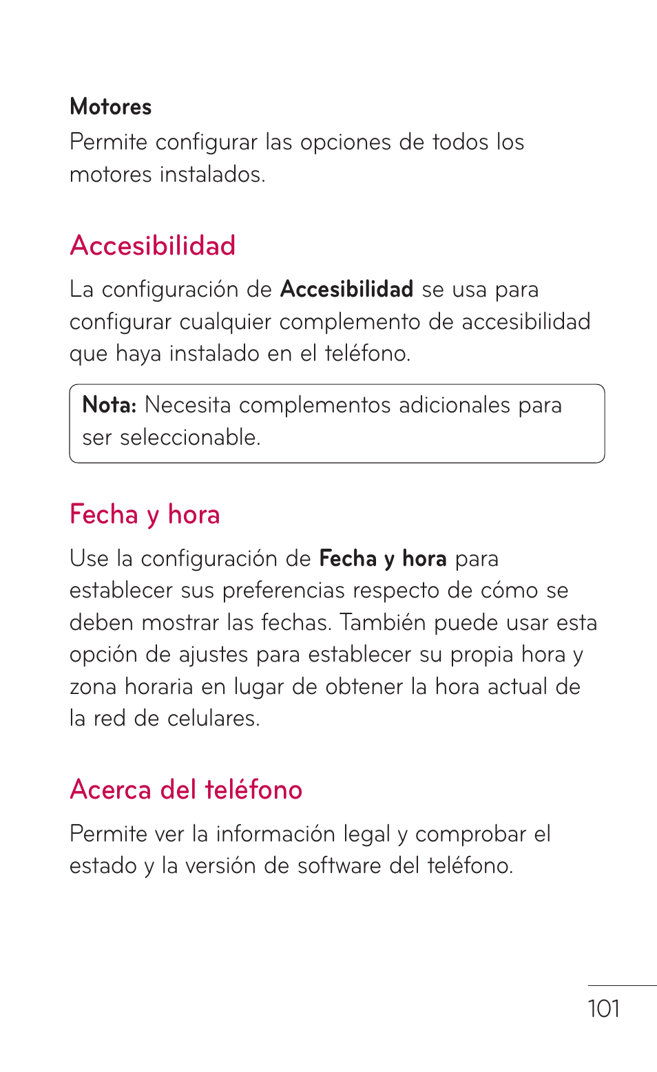 Accesibilidad, Fecha y hora, Acerca del teléfono | LG LGC800VL User Manual | Page 263 / 342