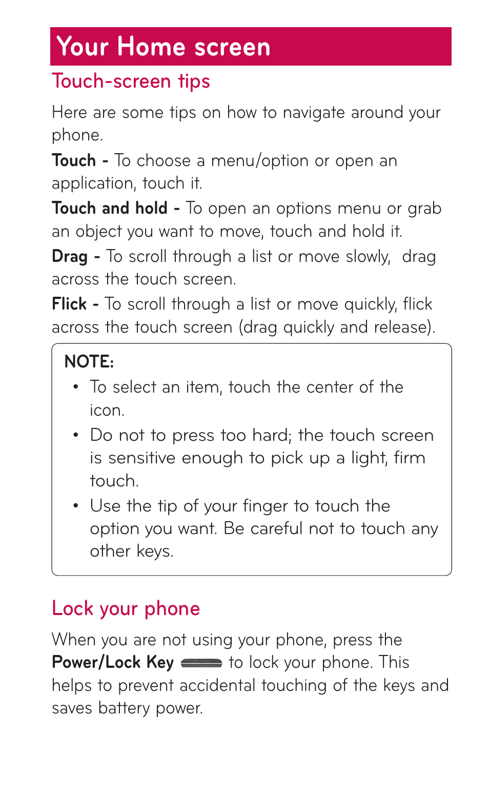 Your home screen, Touch-screen tips, Lock your phone | LG LGC800VL User Manual | Page 27 / 342