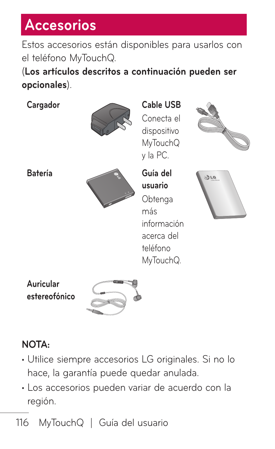 Accesorios | LG LGC800VL User Manual | Page 278 / 342