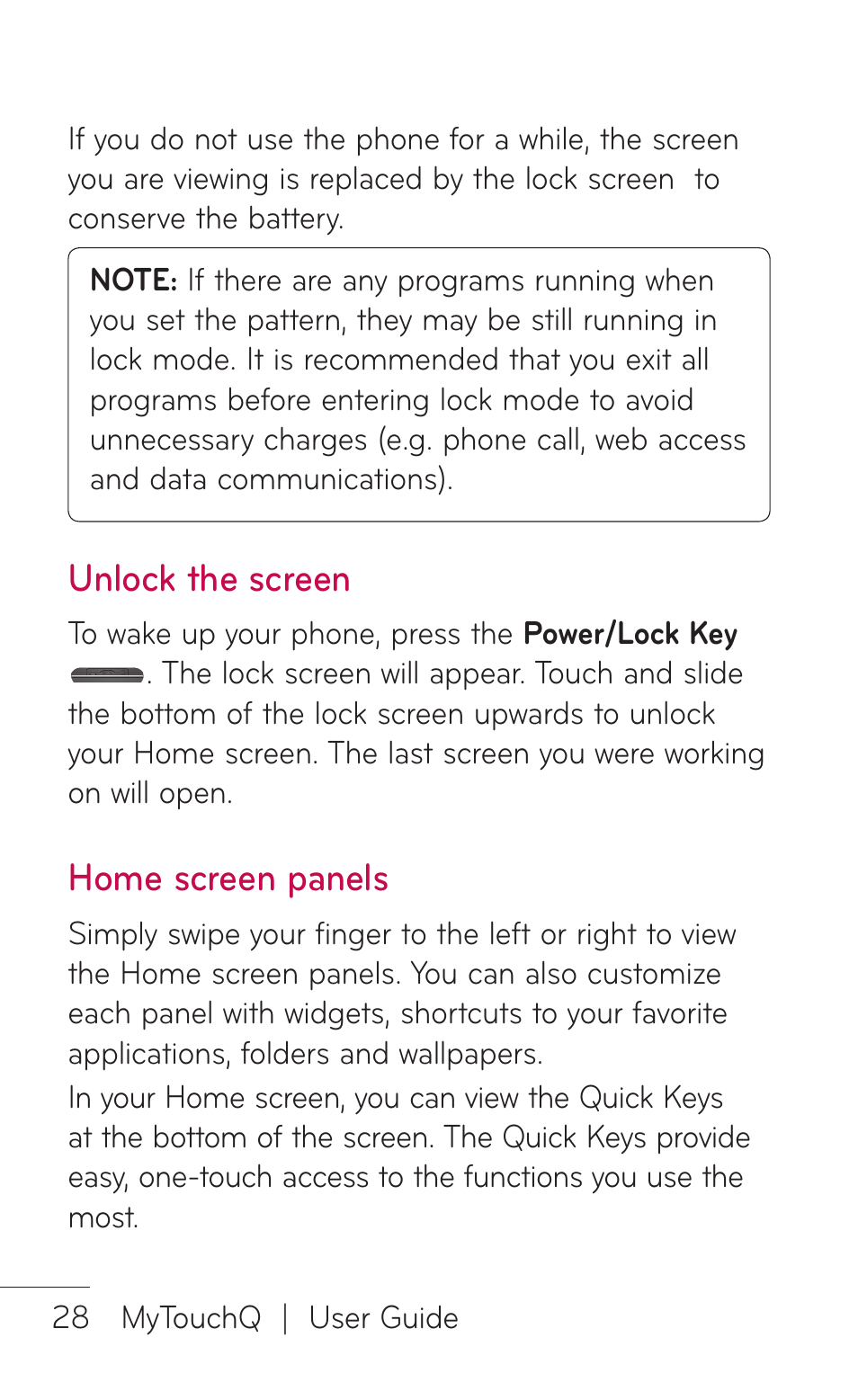 Unlock the screen, Home screen panels | LG LGC800VL User Manual | Page 28 / 342