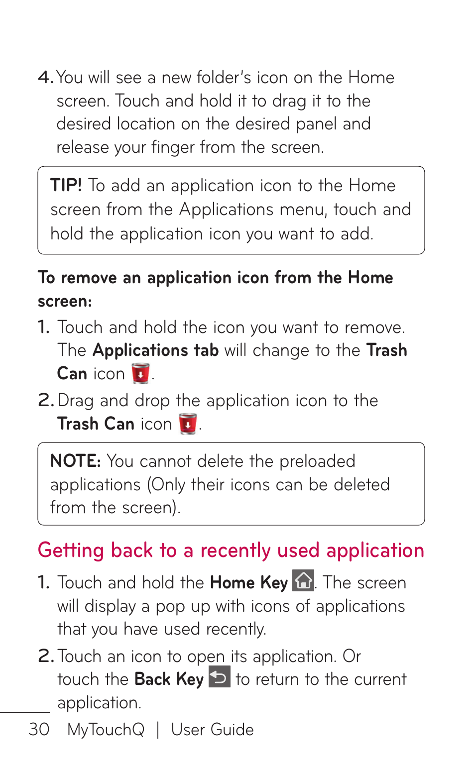 Getting back to a recently used application | LG LGC800VL User Manual | Page 30 / 342