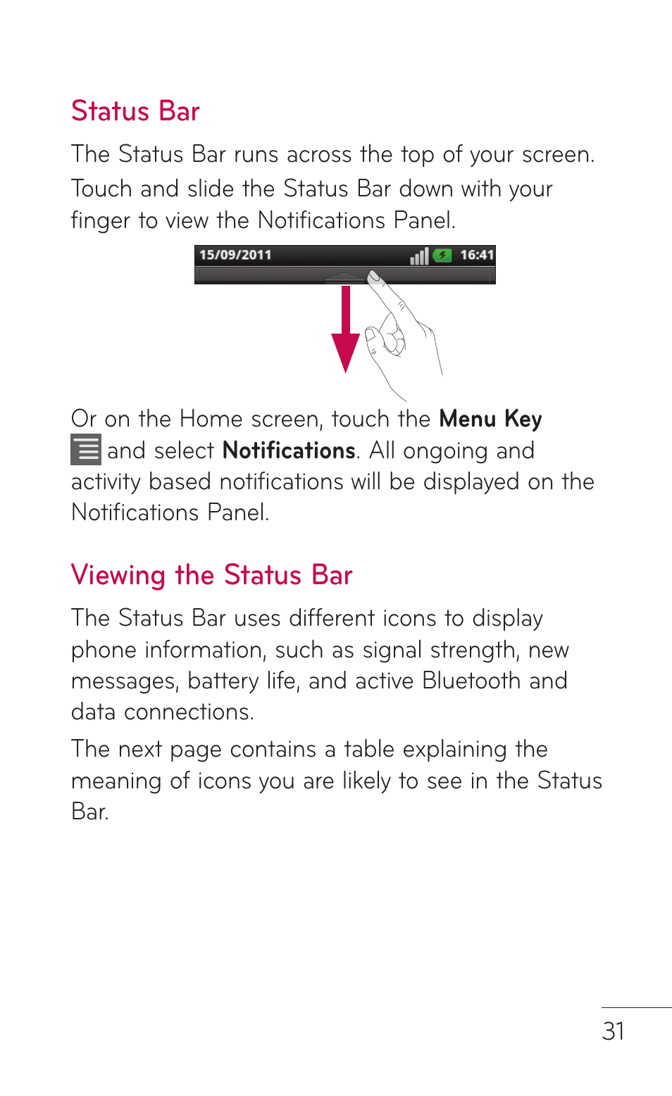 Status bar, Viewing the status bar | LG LGC800VL User Manual | Page 31 / 342
